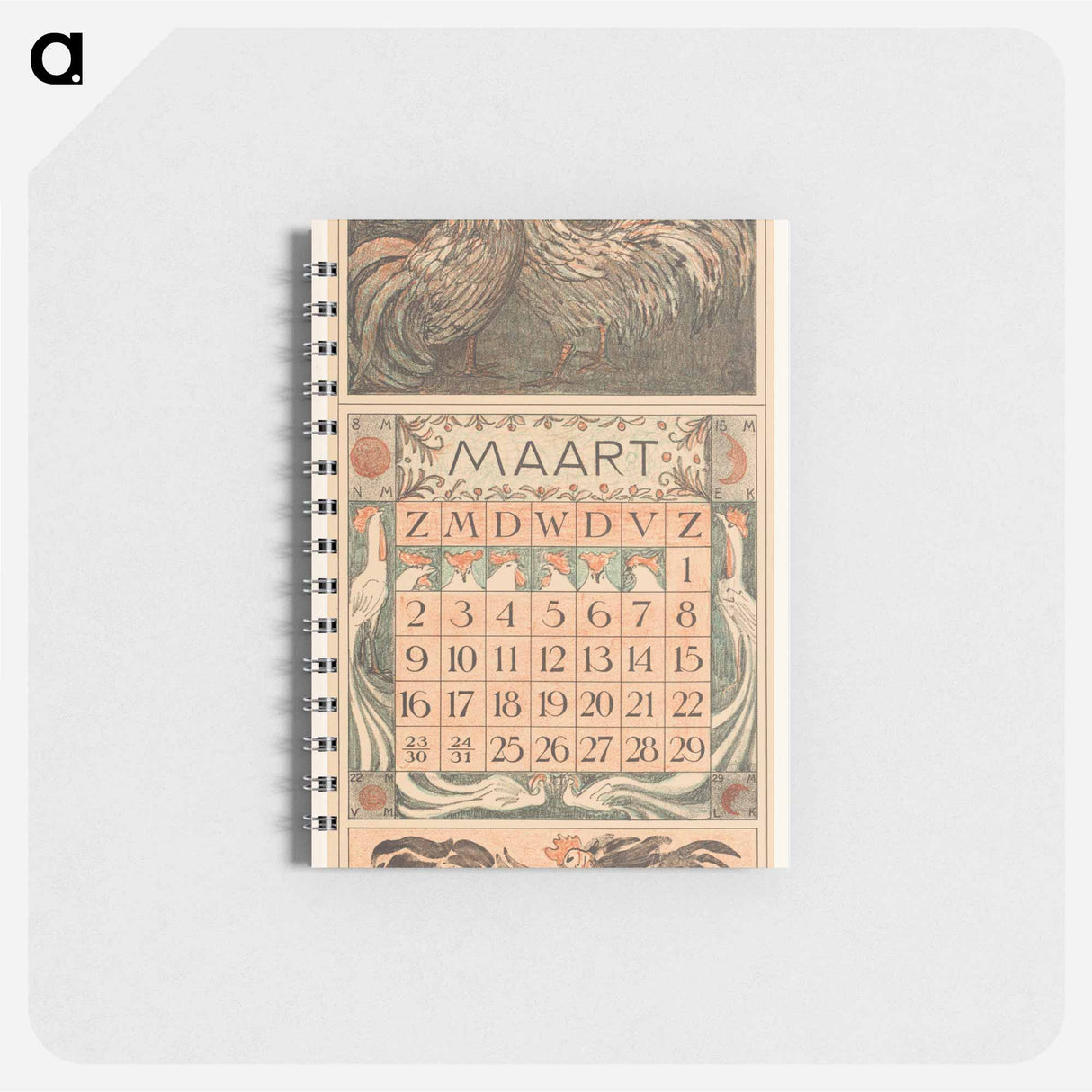 Kalenderblad maart met twee hanen - テオ ヴァン ホイテマ Memo.