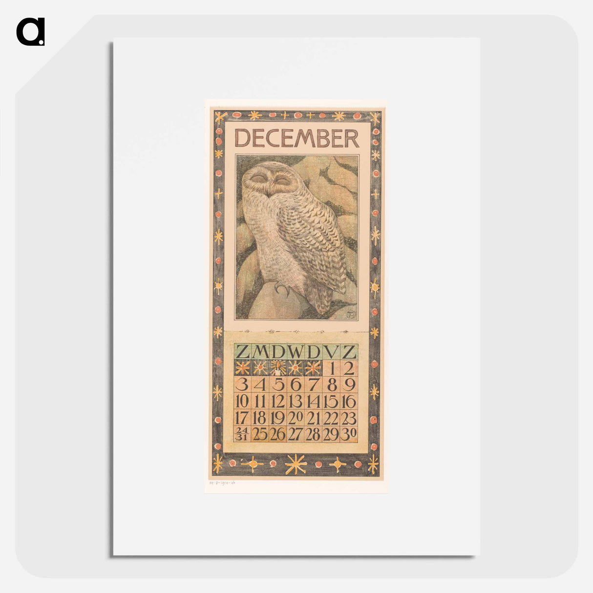 Calendar December met sneeuwuil - Theo van Hoytema Poster.