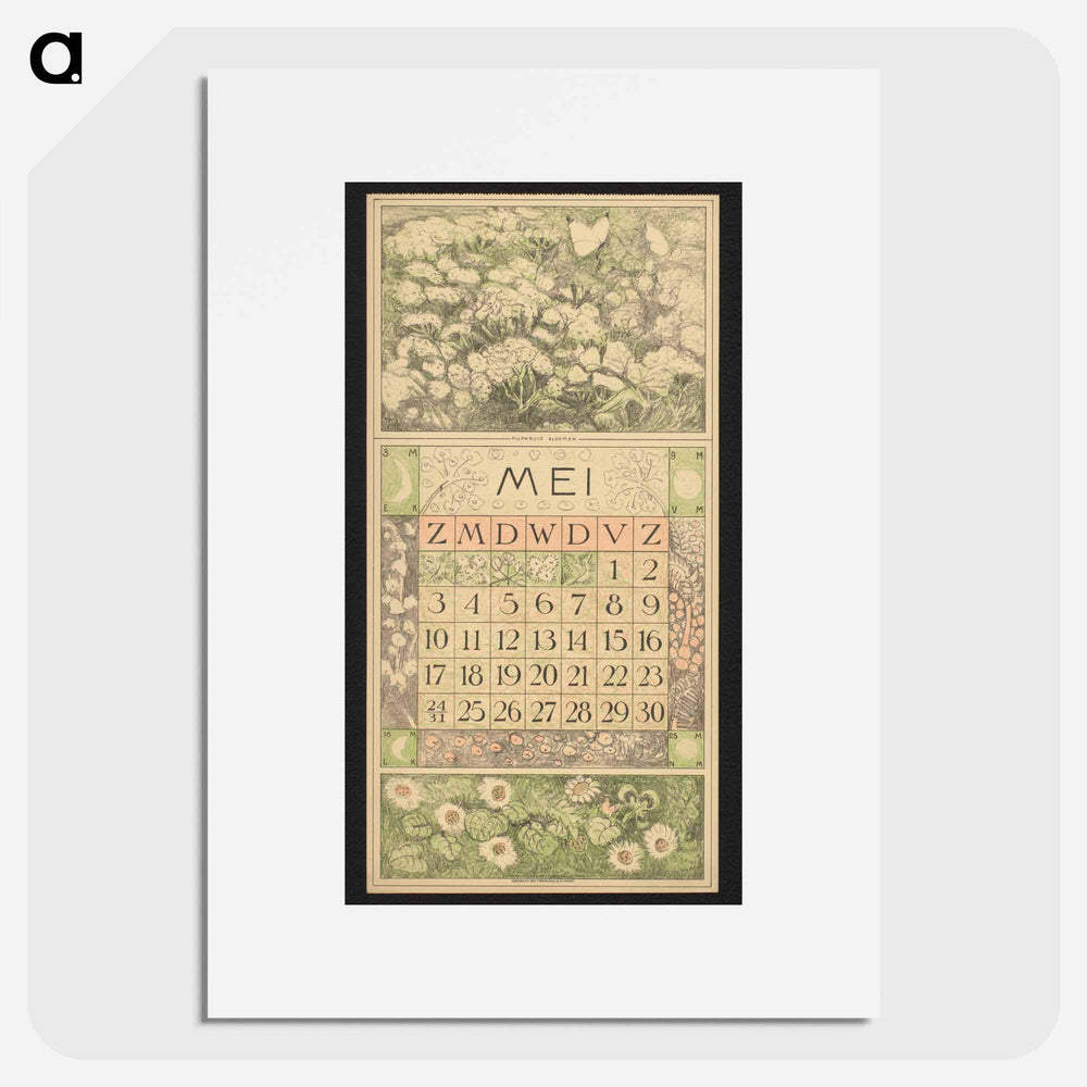 Calendar for me 1914 with blue and white flowers - Theo van Hoytema Poster.