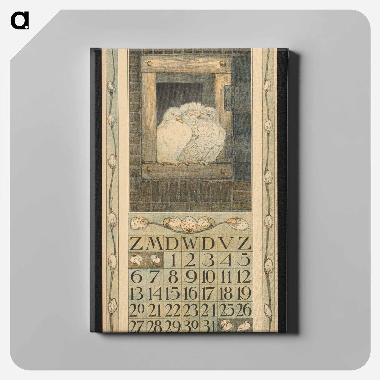 Kalenderblad voor maart met een paar duiven in een raamkozijn by Theo van Hoytema - Theo van Hoytema Canvas.