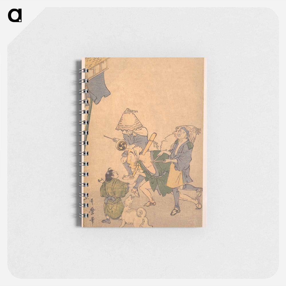 Three Revelers of the Lower Classes, Wearing Komuso Hats, with Small Boy and Dog - 喜多川 歌麿 Memo.