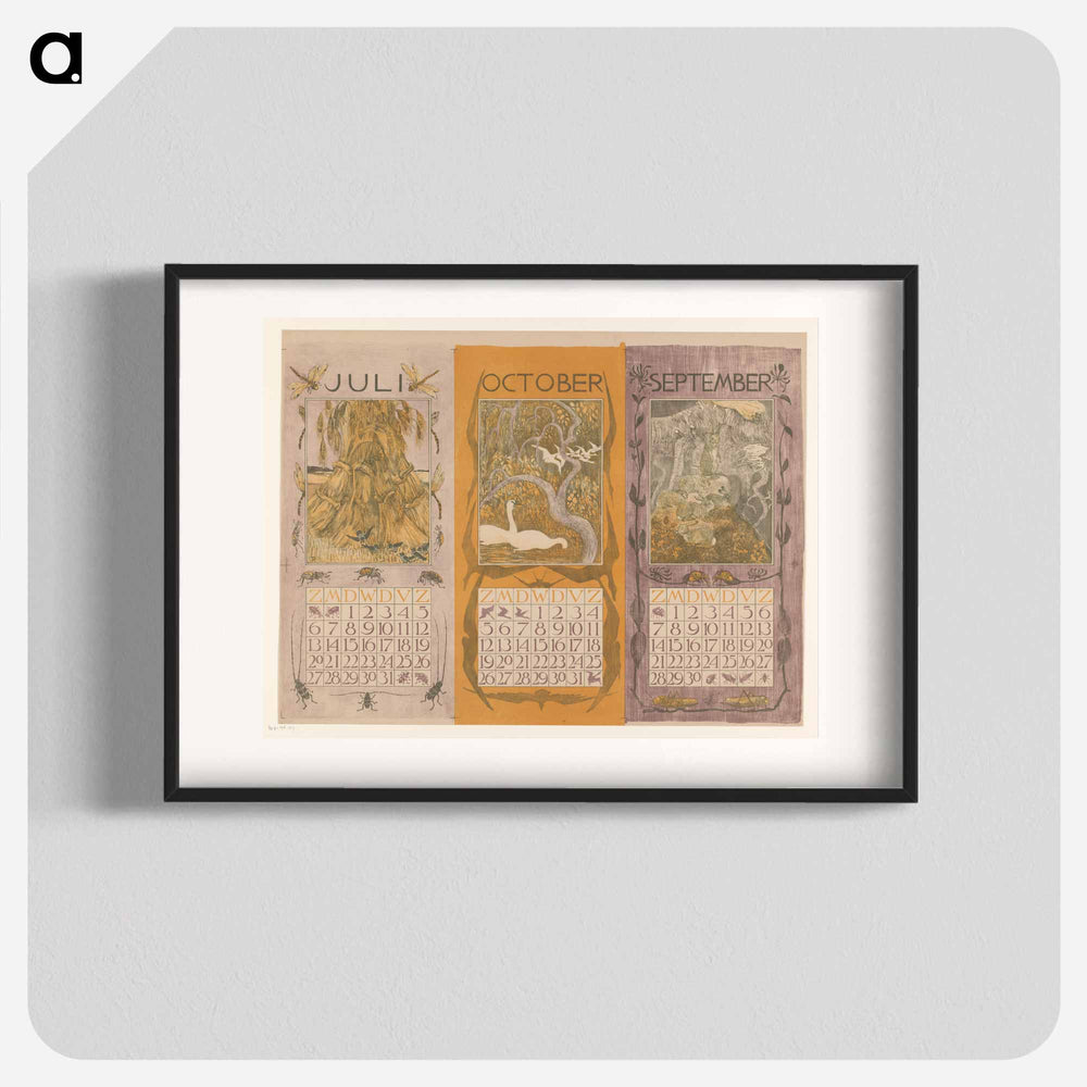Kalenderbladen van juli, oktober en september, met korenschoven, zwanen en konijnen - Theo van Hoytema Poster.