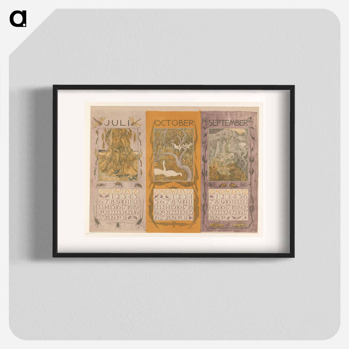 Kalenderbladen van juli, oktober en september, met korenschoven, zwanen en konijnen - Theo van Hoytema Poster.