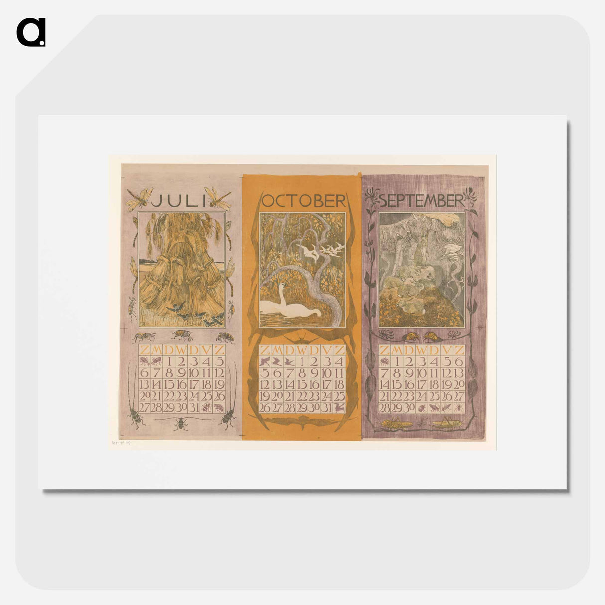 Kalenderbladen van juli, oktober en september, met korenschoven, zwanen en konijnen - Theo van Hoytema Poster.