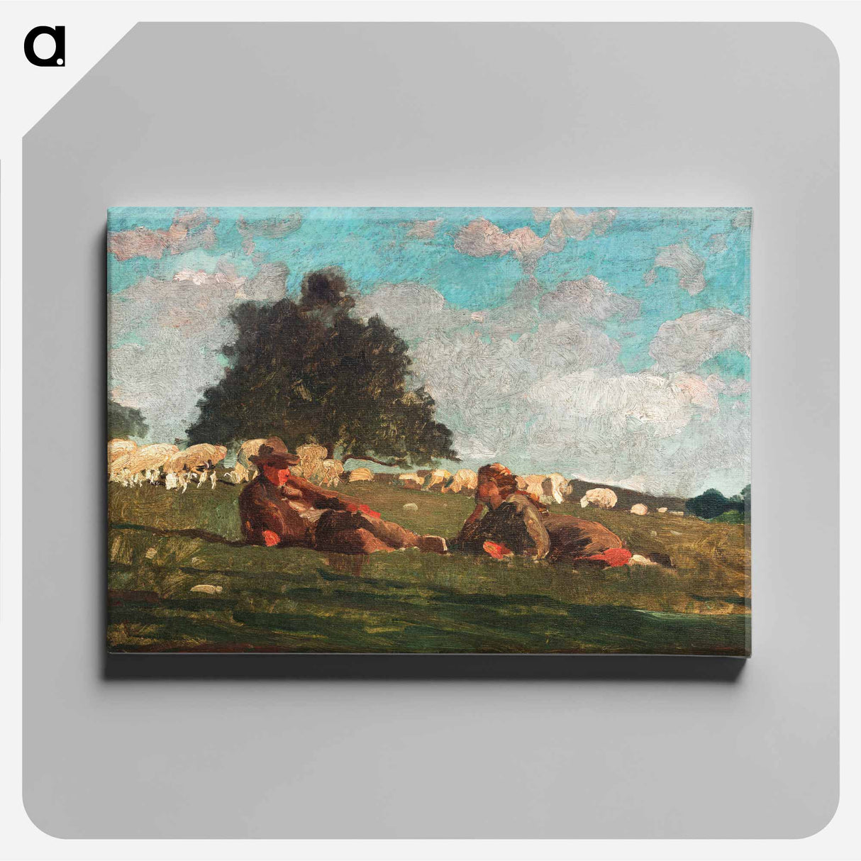 アートパネル-Boy and Girl in a Field with Sheep - ウィンスロー ホーマー Canvas.