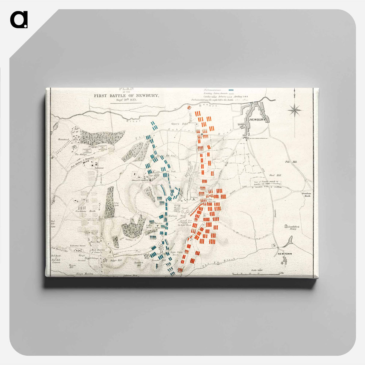 The First and Second Battles of Newbury and the Siege of Donnington Castle during the Civil War - アンティーク地図 Canvas.