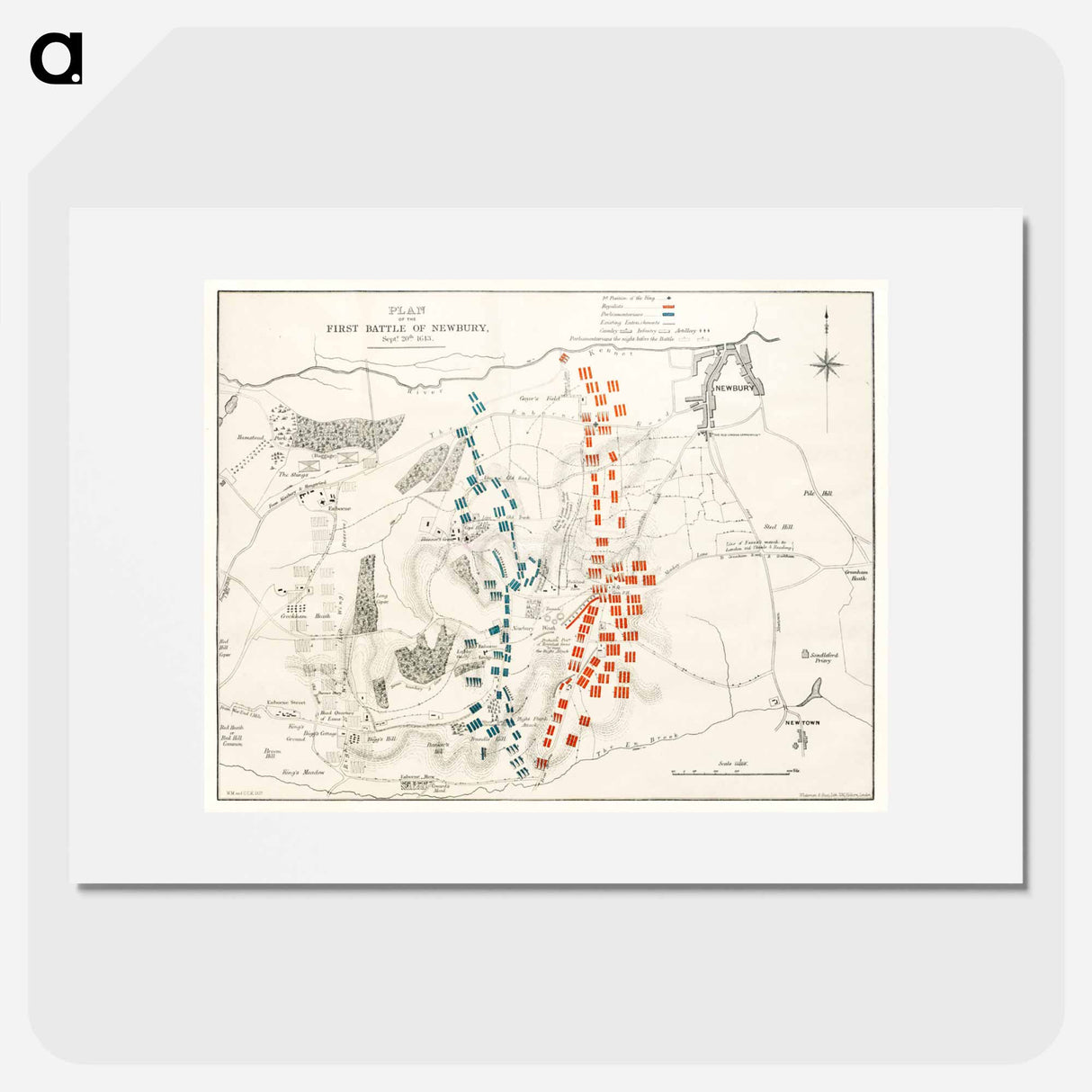 The First and Second Battles of Newbury and the Siege of Donnington Castle during the Civil War - アンティーク地図 Poster.