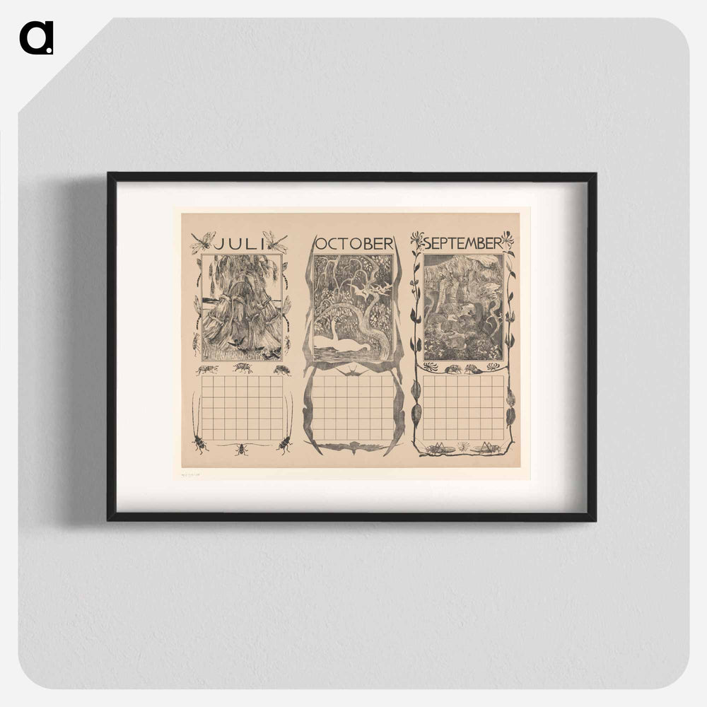 Kalenderbladen van juli, oktober en september, met korenschoven, zwanen en konijnen - Theo van Hoytema Poster.