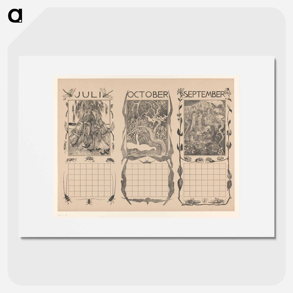 Kalenderbladen van juli, oktober en september, met korenschoven, zwanen en konijnen - Theo van Hoytema Poster.