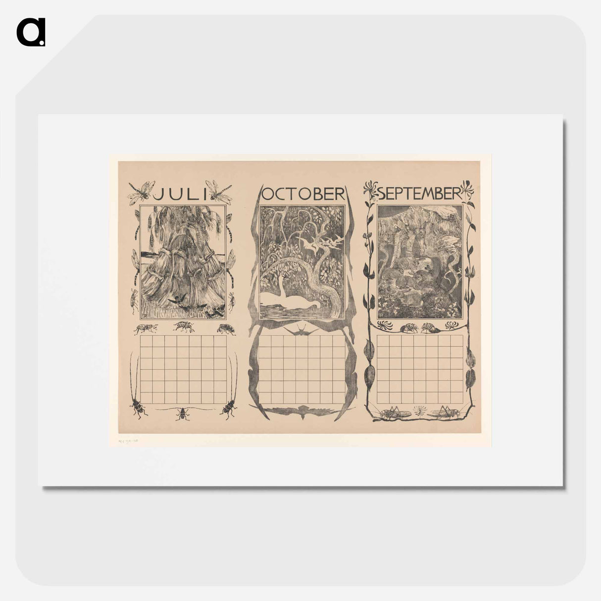 Kalenderbladen van juli, oktober en september, met korenschoven, zwanen en konijnen - Theo van Hoytema Poster.