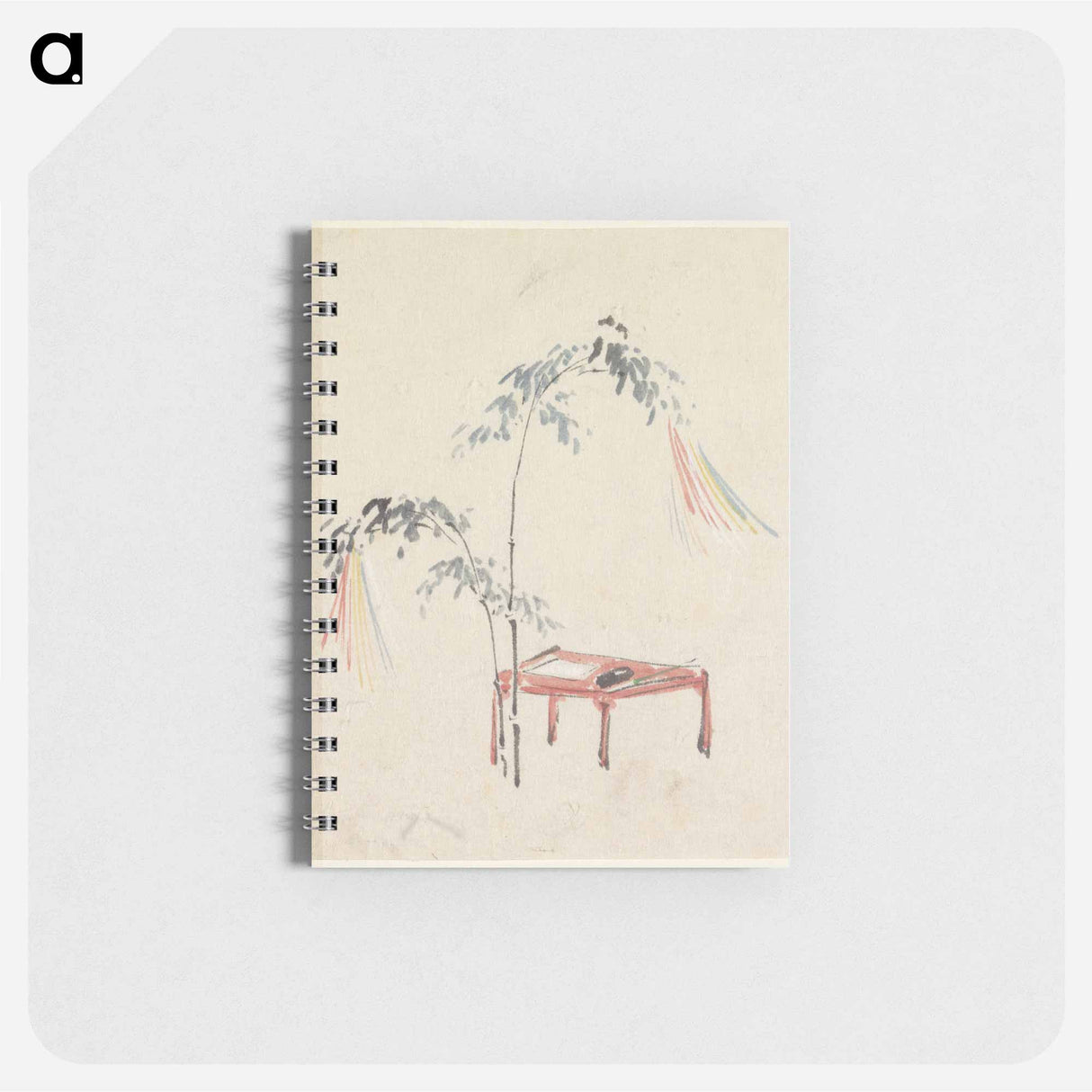 Stilleven van een rood tafeltje en versierde bamboe - 歌川 国芳 Memo.