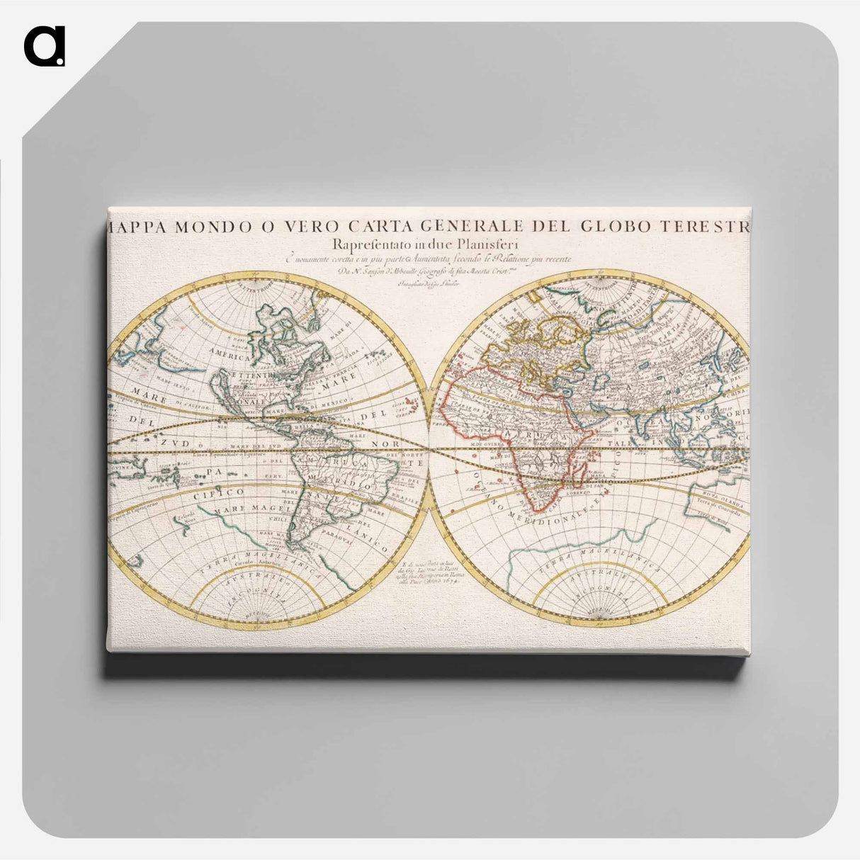 Mappa mondo o vero carta generale del globo terrestre - アンティーク地図 Canvas.