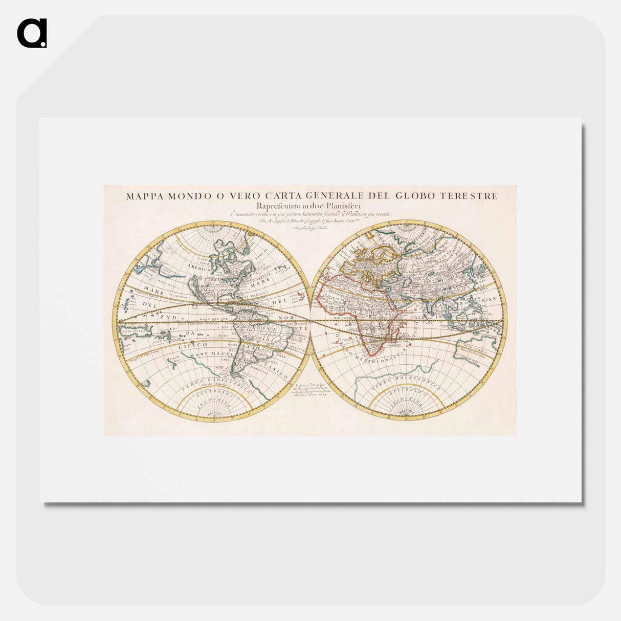 Mappa mondo o vero carta generale del globo terrestre - アンティーク地図 Poster.