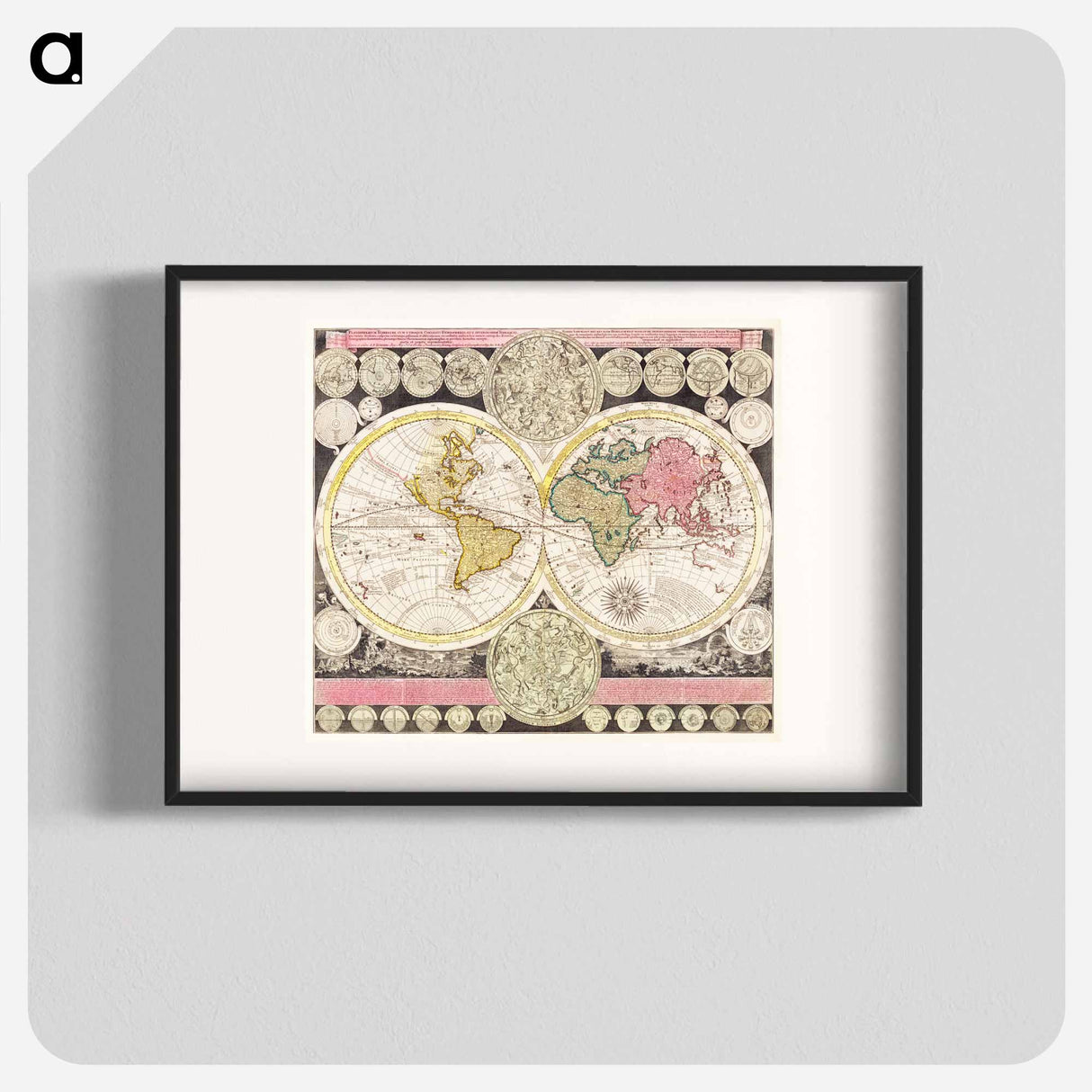 Vlakke aard-kloot met het beide hemelsch half-rond, of de onder scheidene verbeelding van de land-water-waereld - アンティーク地図 Poster.