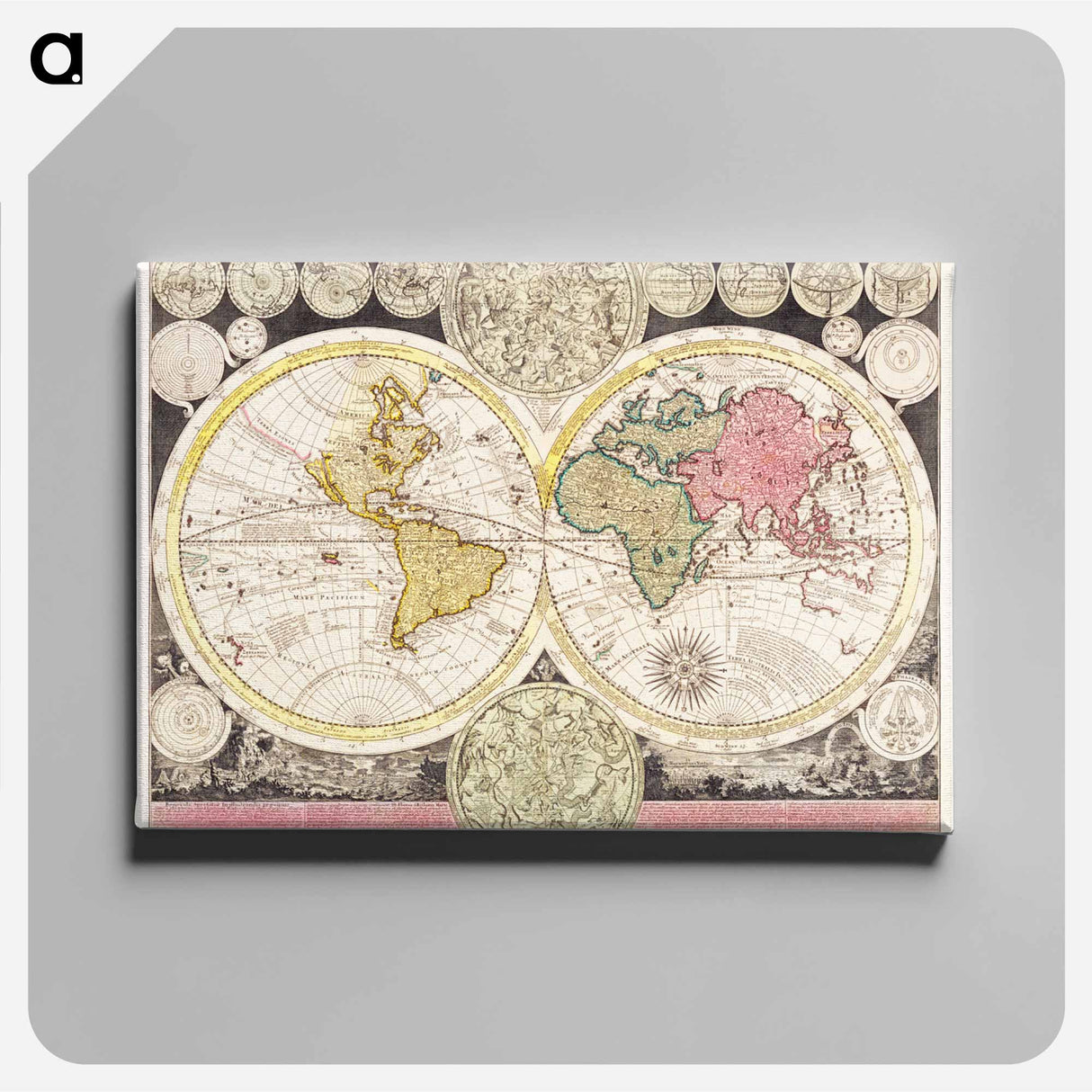 Vlakke aard-kloot met het beide hemelsch half-rond, of de onder scheidene verbeelding van de land-water-waereld - アンティーク地図 Canvas.