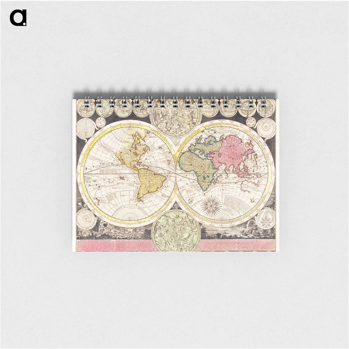 Vlakke aard-kloot met het beide hemelsch half-rond, of de onder scheidene verbeelding van de land-water-waereld - アンティーク地図 Memo.