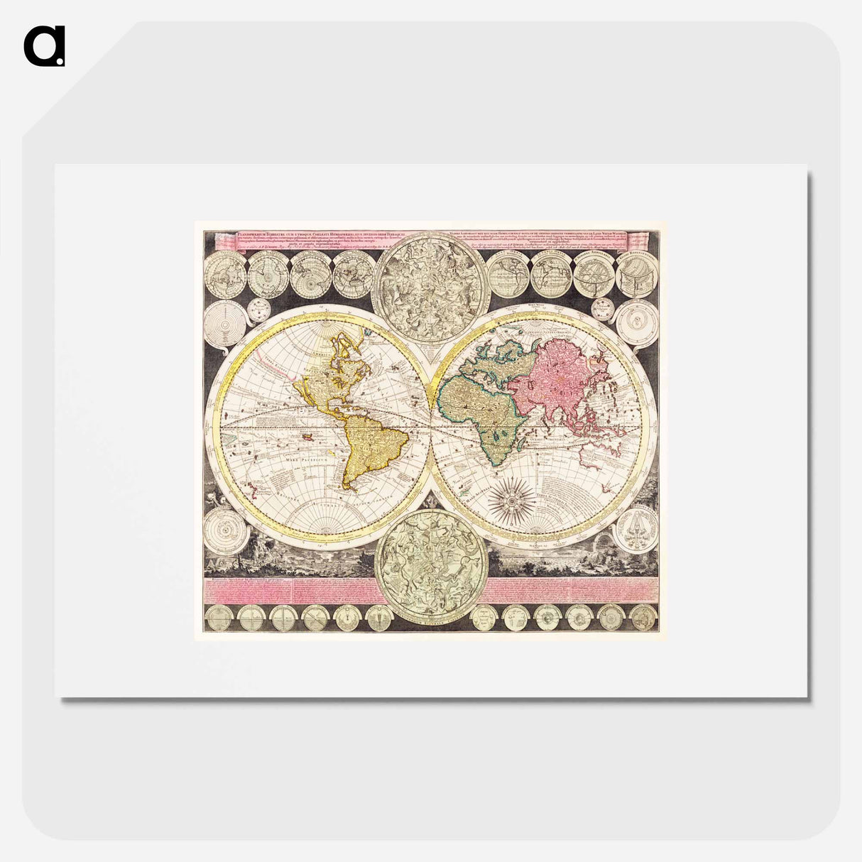 Vlakke aard-kloot met het beide hemelsch half-rond, of de onder scheidene verbeelding van de land-water-waereld - アンティーク地図 Poster.