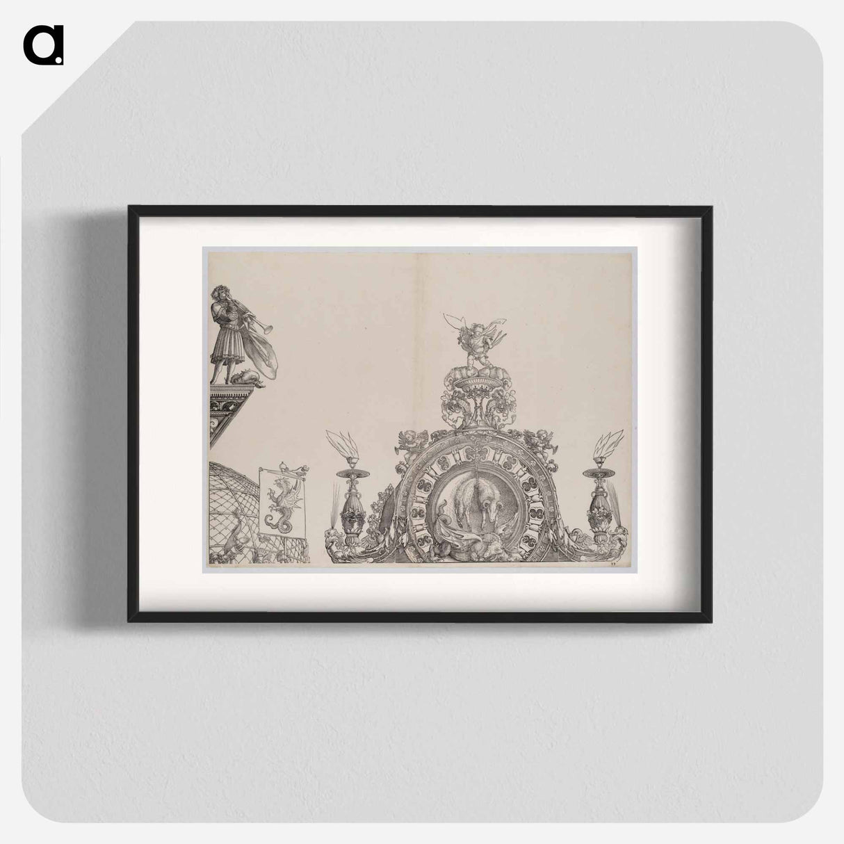 The Pinnacle of the Right Portal; and a Trumpeter and Standard from the Central Portal, from the Arch of Honor - アルブレヒト デューラー Poster.