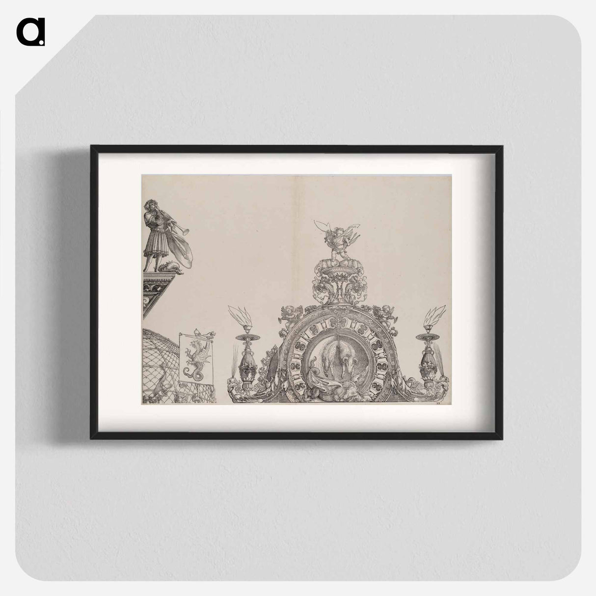 The Pinnacle of the Right Portal; and a Trumpeter and Standard from the Central Portal, from the Arch of Honor - アルブレヒト デューラー Poster.