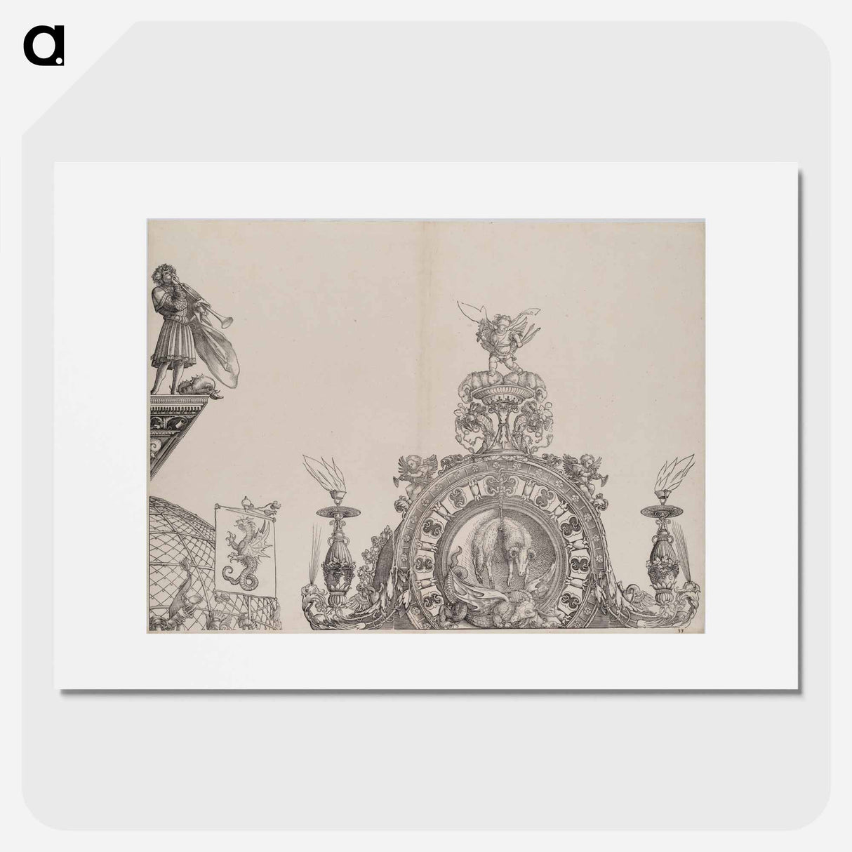 The Pinnacle of the Right Portal; and a Trumpeter and Standard from the Central Portal, from the Arch of Honor - アルブレヒト デューラー Poster.