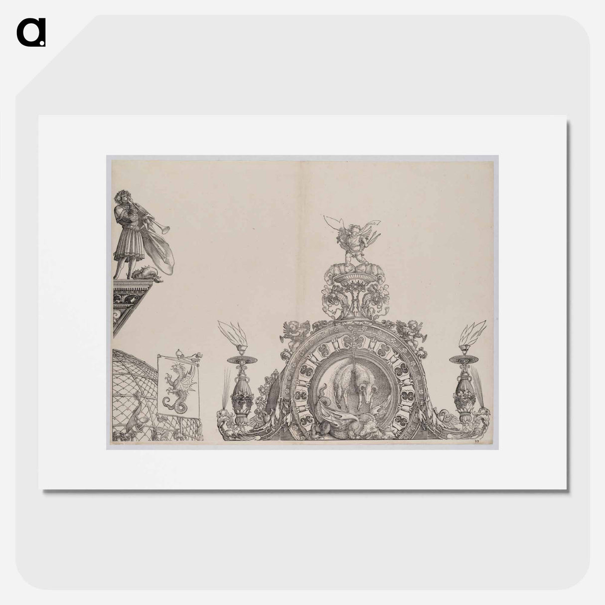 The Pinnacle of the Right Portal; and a Trumpeter and Standard from the Central Portal, from the Arch of Honor - アルブレヒト デューラー Poster.