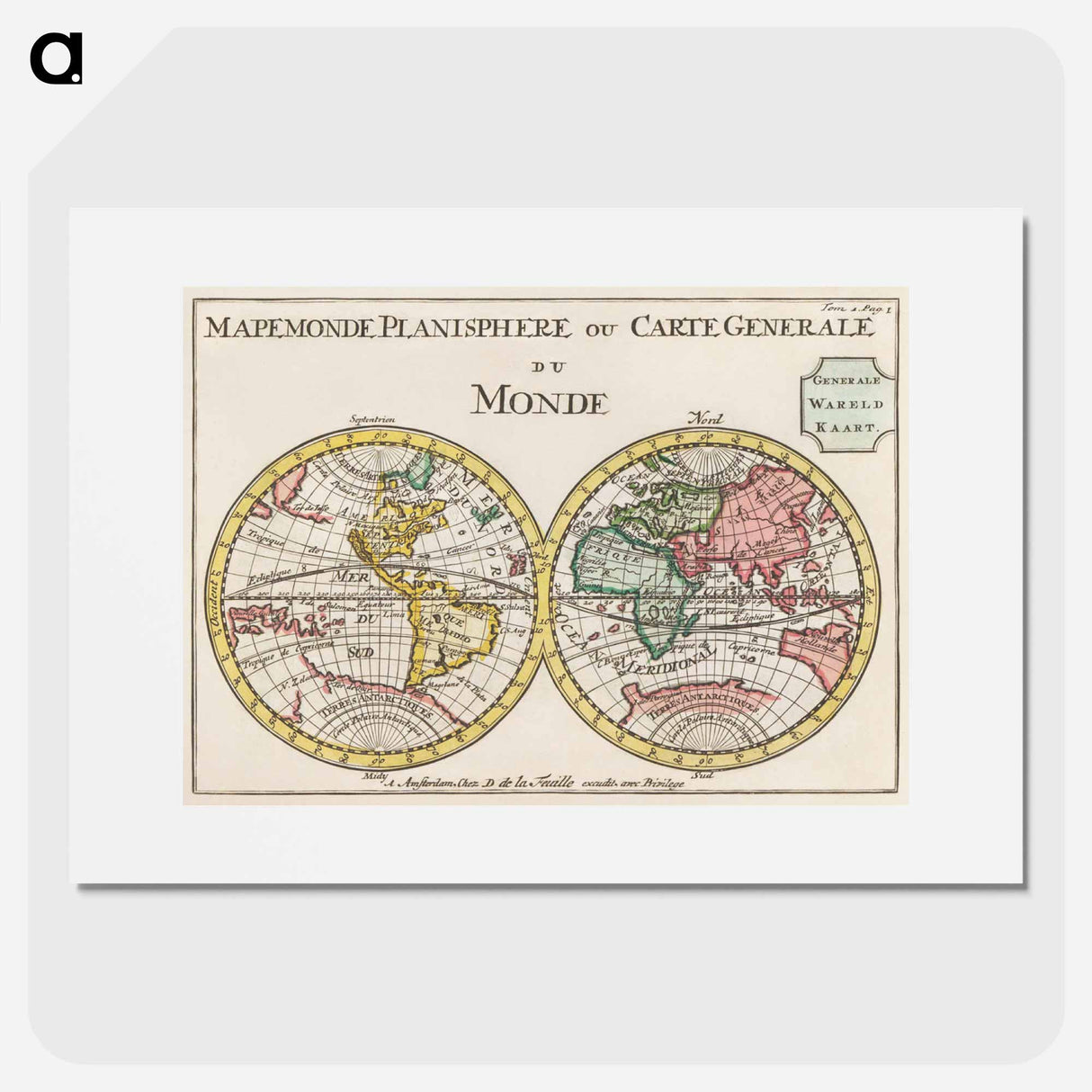 Wereldkaart Mapemonde planisphere ou carte generale du monde - アンティーク地図 Poster.