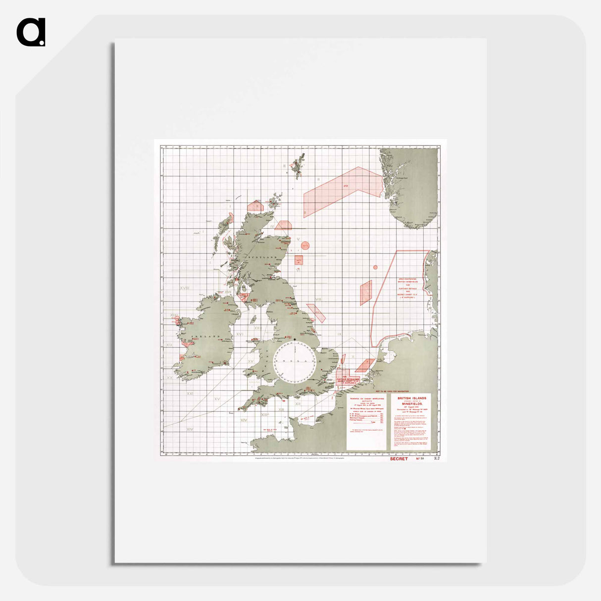 British Islands approximate positions of minefields - アンティーク地図 Poster.