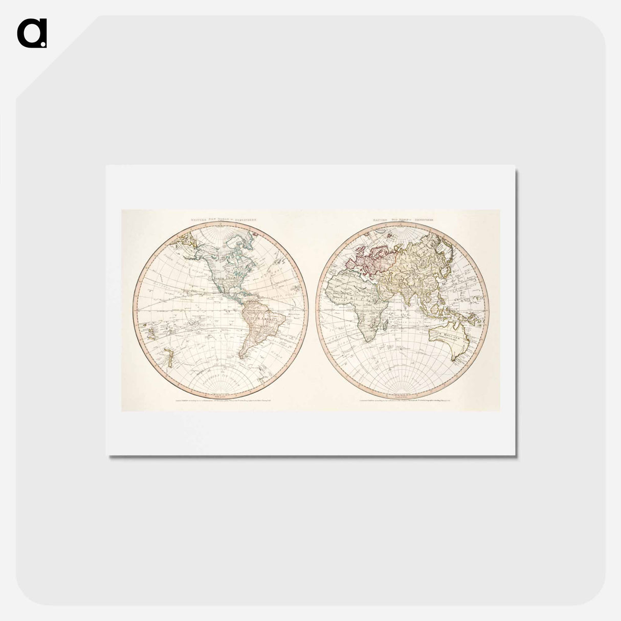 アートポストカード-New world or western hemisphere: old world or eastern hemisphere - アンティーク地図 Postcard.