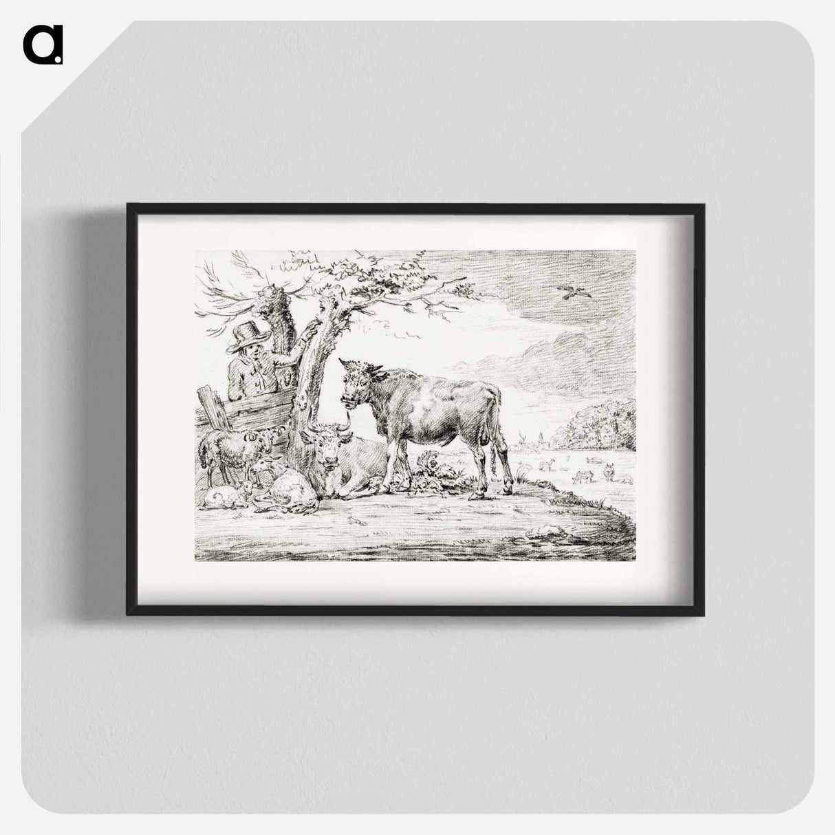 Farmer standing at a fence with cattle by Jean Bernard - ジャン ベルナール Poster.