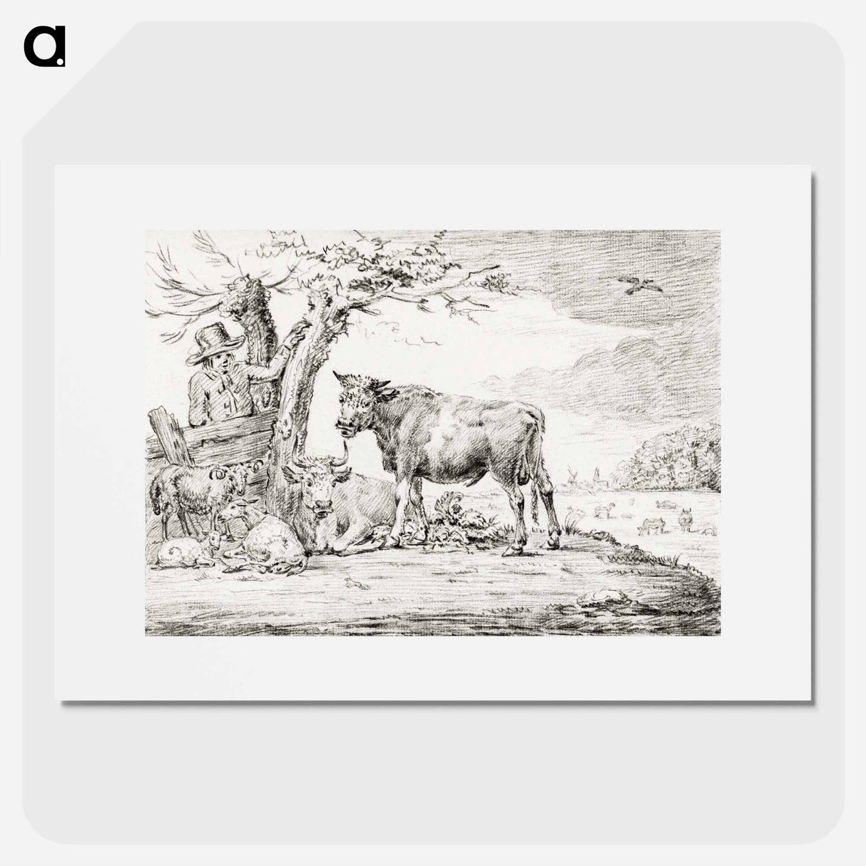 Farmer standing at a fence with cattle by Jean Bernard - ジャン ベルナール Poster.