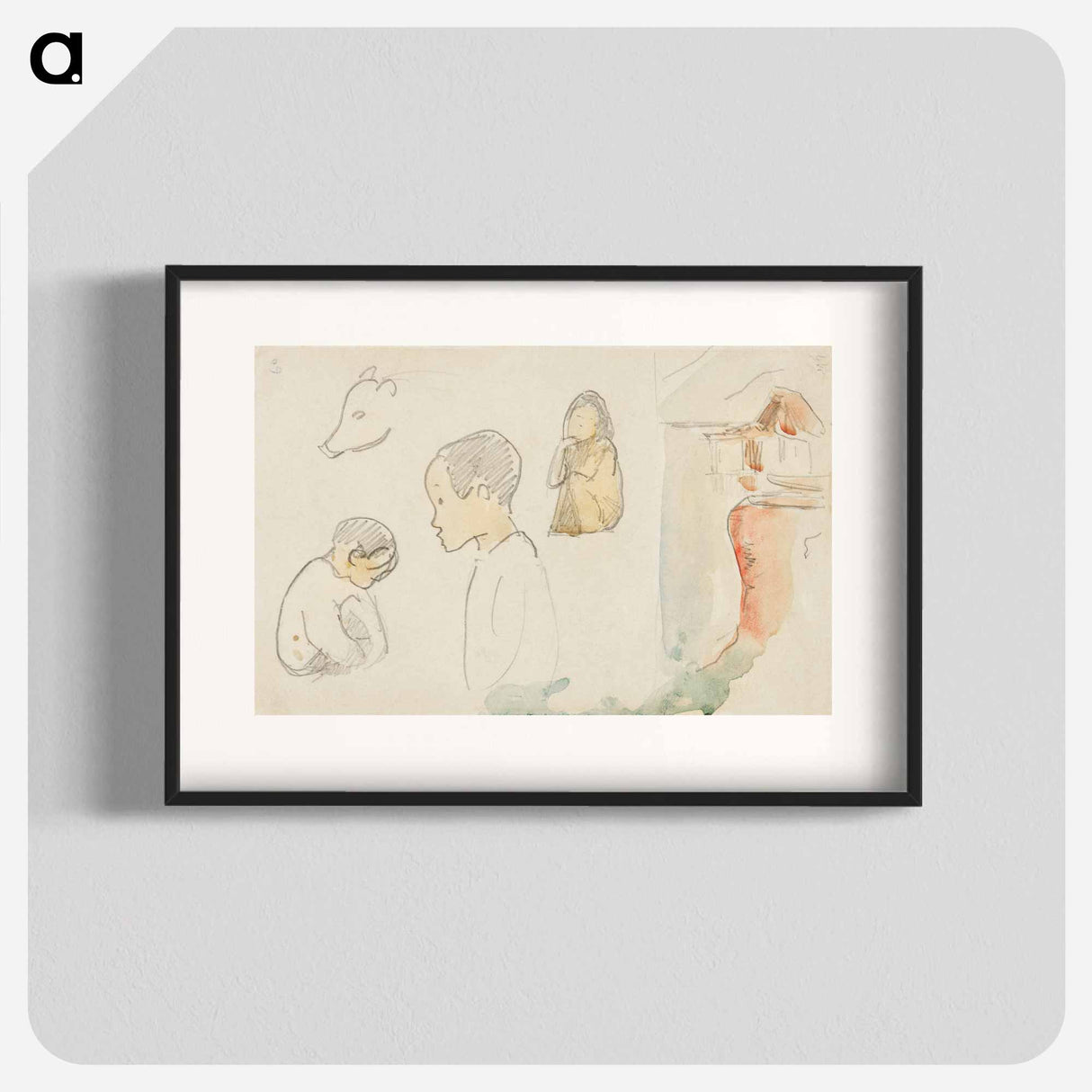 Sketches of Crouching and Standing Figures, a Pig, and a Hut at Water's Edge - Paul Gauguin Poster.