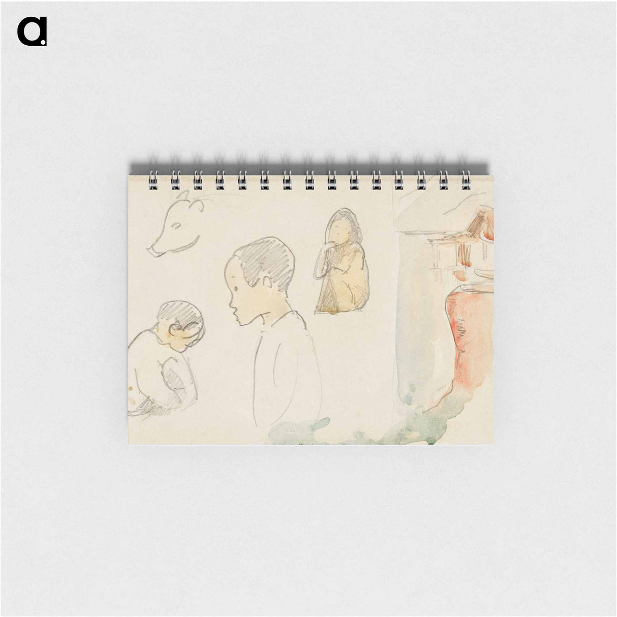 Sketches of Crouching and Standing Figures, a Pig, and a Hut at Water’s Edge - ポール ゴーギャン Memo.