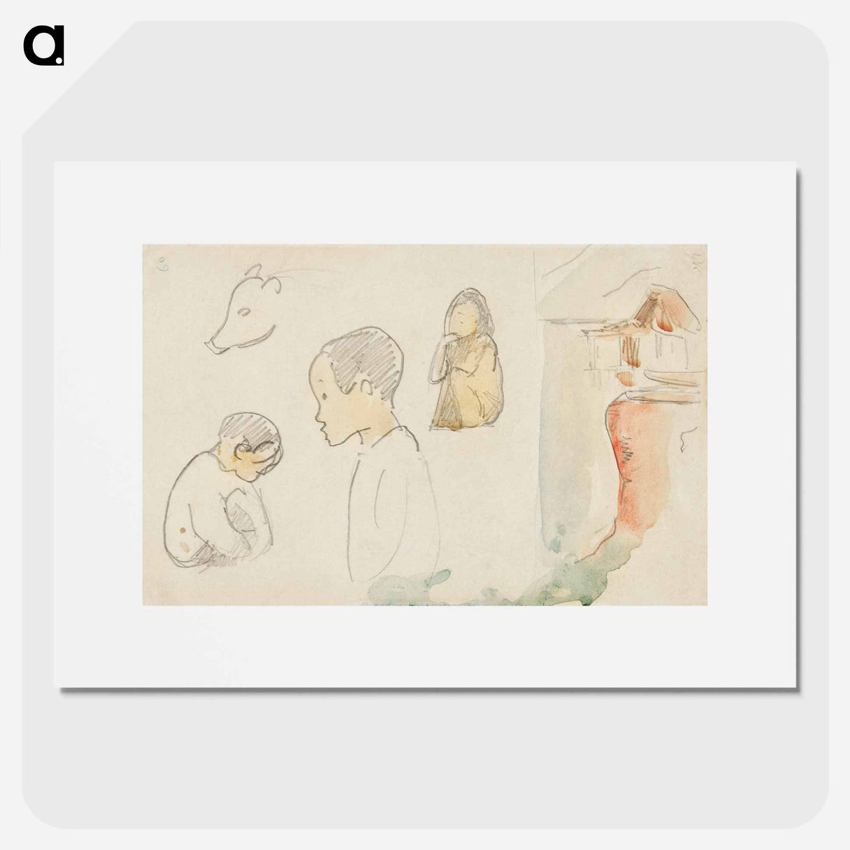 Sketches of Crouching and Standing Figures, a Pig, and a Hut at Water's Edge - Paul Gauguin Poster.