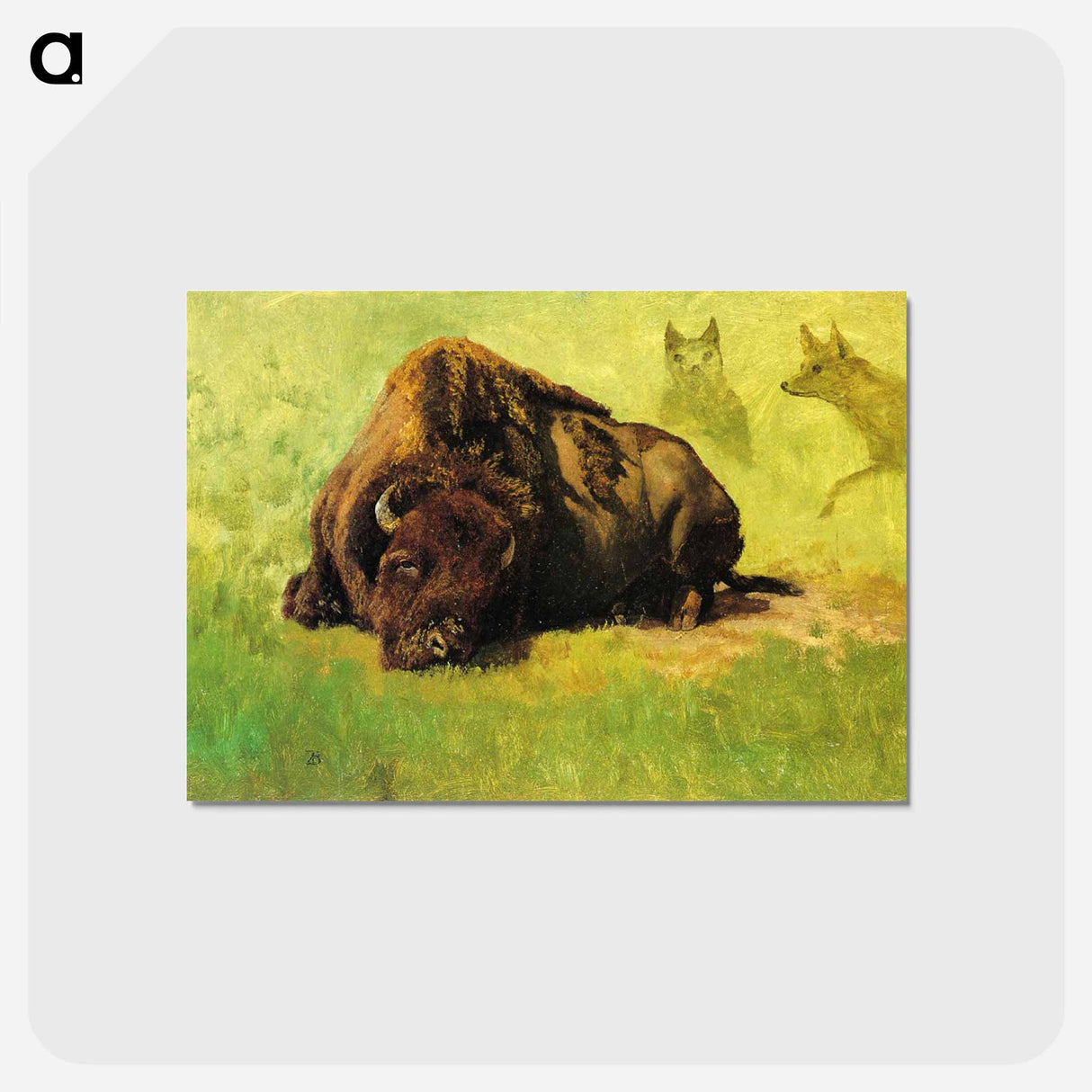 アートポストカード-Bison with Coyotes in the Background - アルバート ビアスタット Postcard.