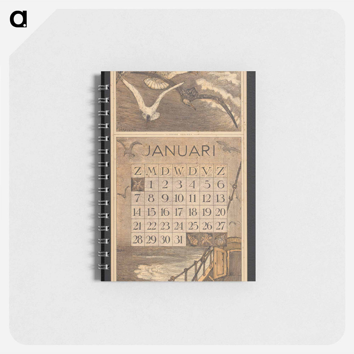 Kalenderblad voor januari 1912 met drie meeuwen boven zee - テオ ヴァン ホイテマ Memo.