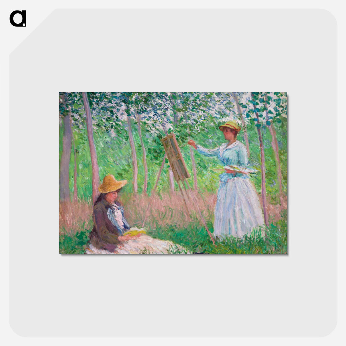 アートポストカード-In the Woods at Giverny, Blanche Hoschedé at Her Easel with Suzanne Hoschedé Reading - クロード モネ Postcard.