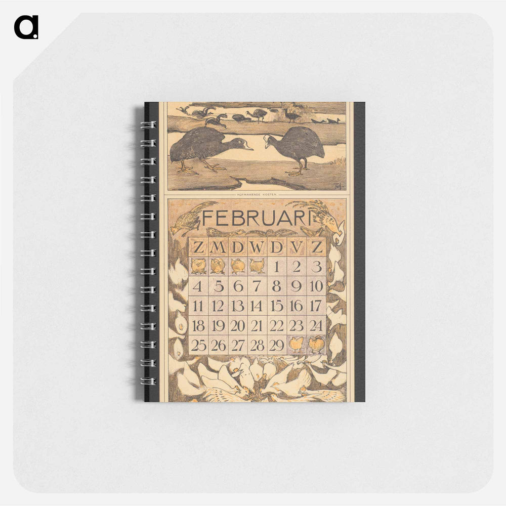 Kalenderblad voor februari 1912 met meerkoeten by Theo van Hoytema - テオ ヴァン ホイテマ Memo.