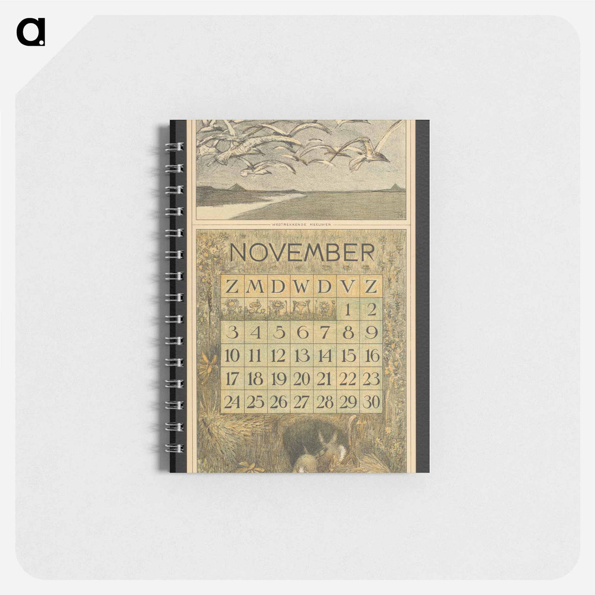 Kalenderblad voor november 1912 met meeuwen en konijnen - テオ ヴァン ホイテマ Memo.