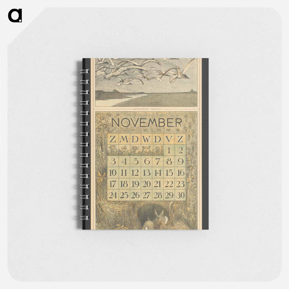 Kalenderblad voor november 1912 met meeuwen en konijnen - テオ ヴァン ホイテマ Memo.