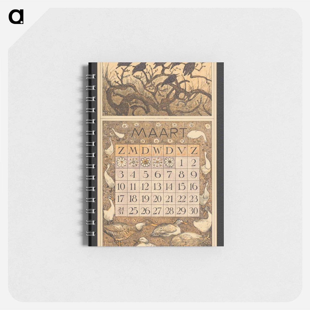 Kalenderblad voor maart 1912 met spreeuwen in een boom - テオ ヴァン ホイテマ Memo.