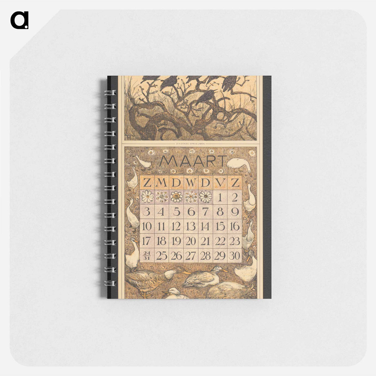 Kalenderblad voor maart 1912 met spreeuwen in een boom - テオ ヴァン ホイテマ Memo.