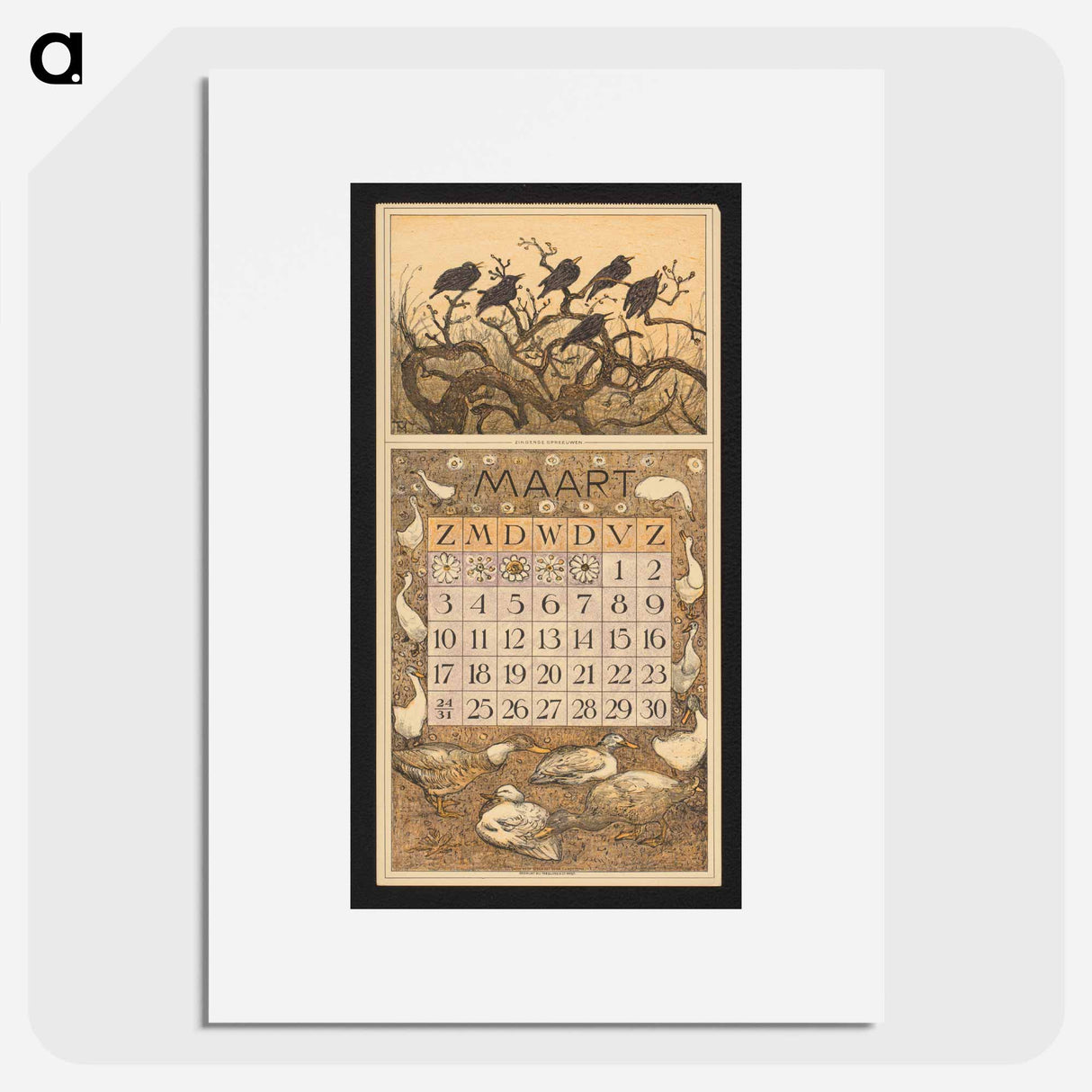 The calendar for the year 1912 met with spreeuwen in a boom - Theo van Hoytema Poster.