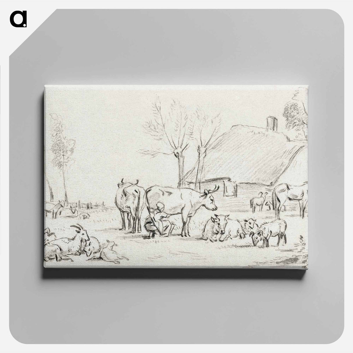 アートパネル-Farmyard with cattle and milking woman - ジャン ベルナール Canvas.