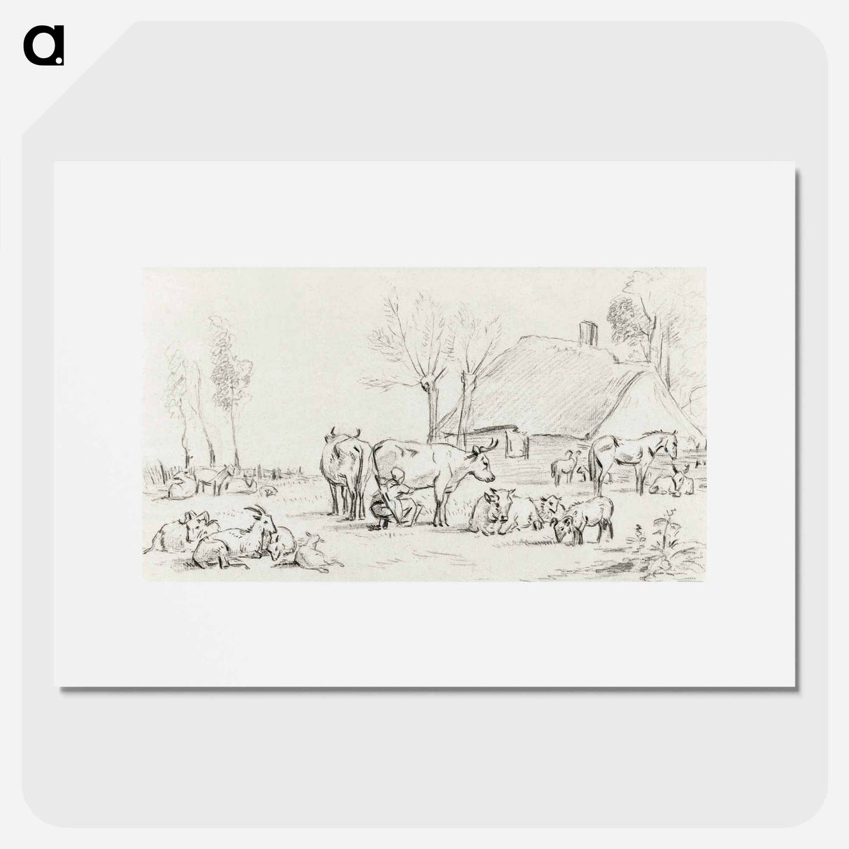 Farmyard with cattle and milking woman - Jean Bernard Poster.