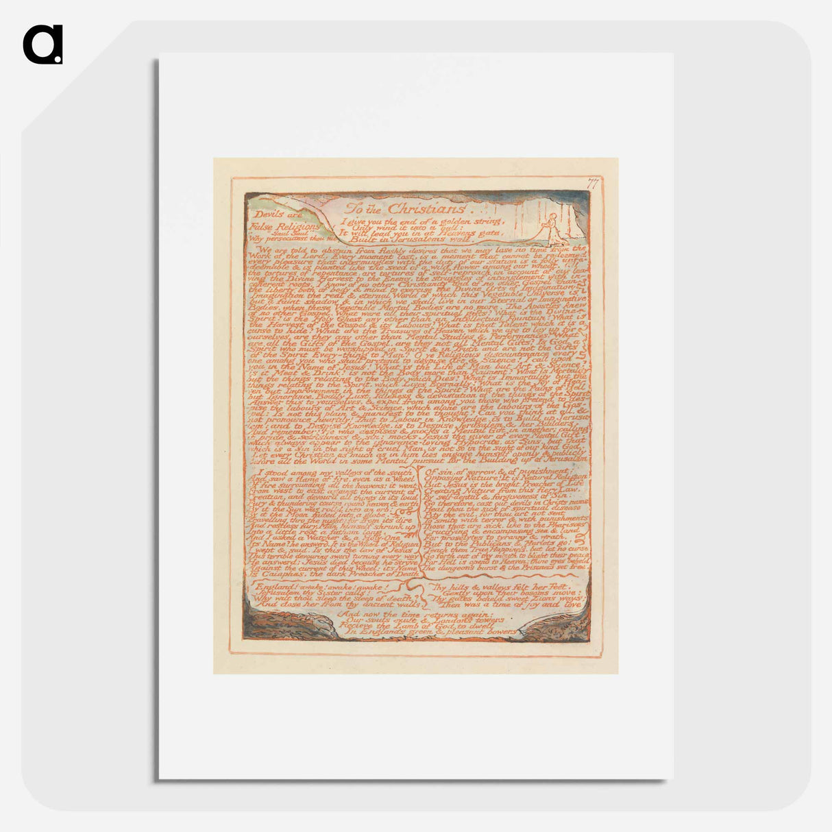Jerusalem, Plate 77, "To the Christians...." - William Blake Poster.