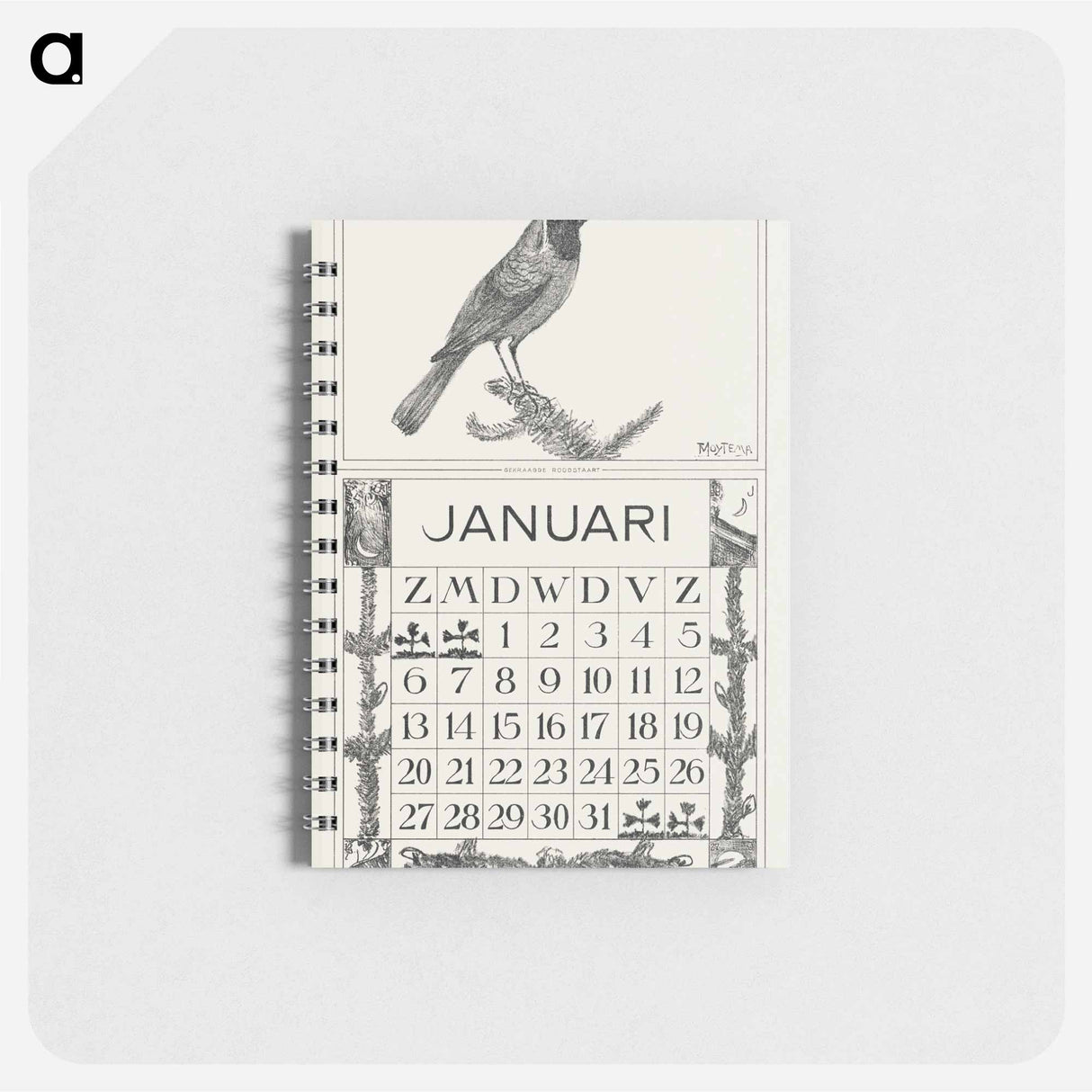 Kalenderblad januari met gekraagde roodstaart - テオ ヴァン ホイテマ Memo.