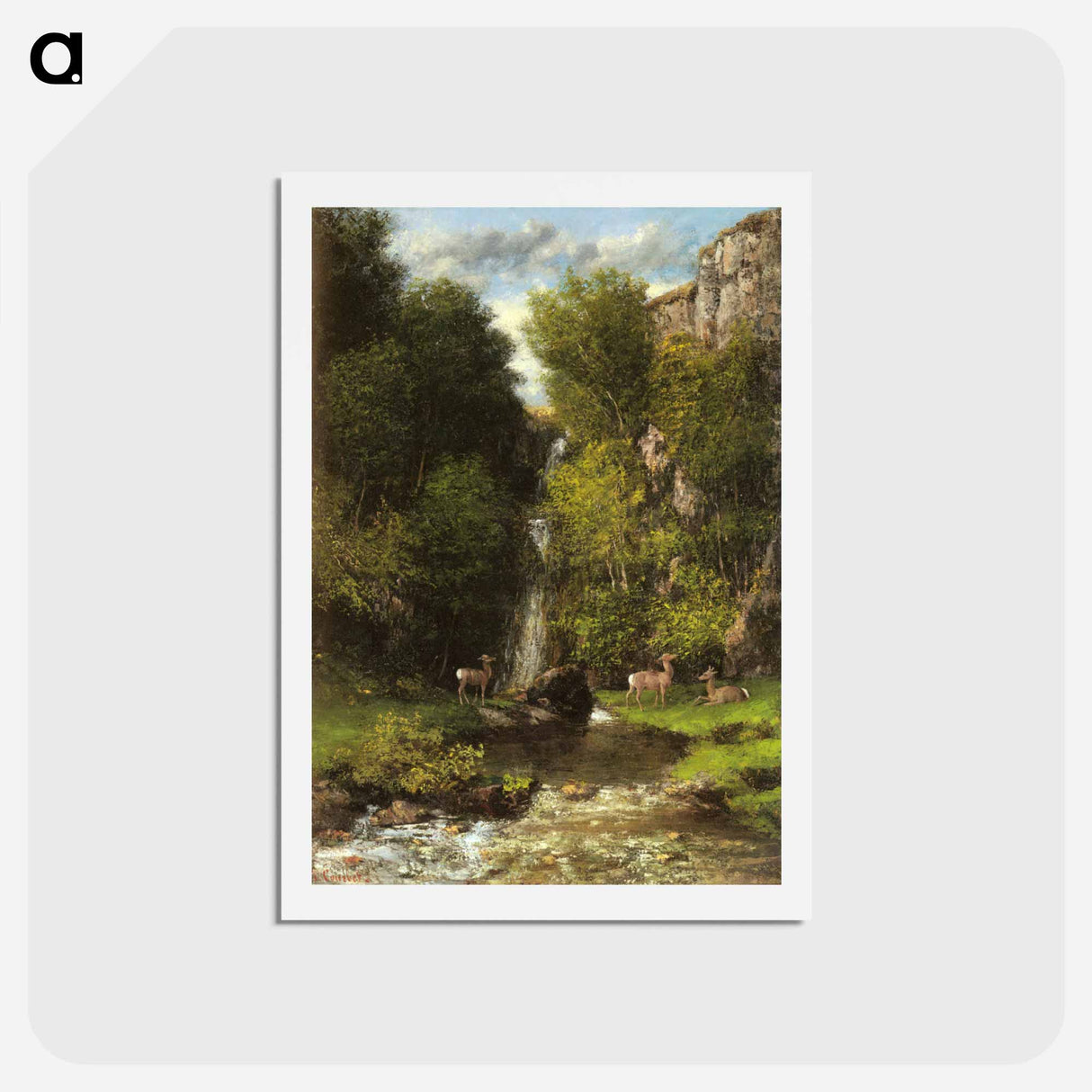 アートポストカード-A Family of Deer in a Landscape with a Waterfall - ギュスターヴ クールベ Postcard.