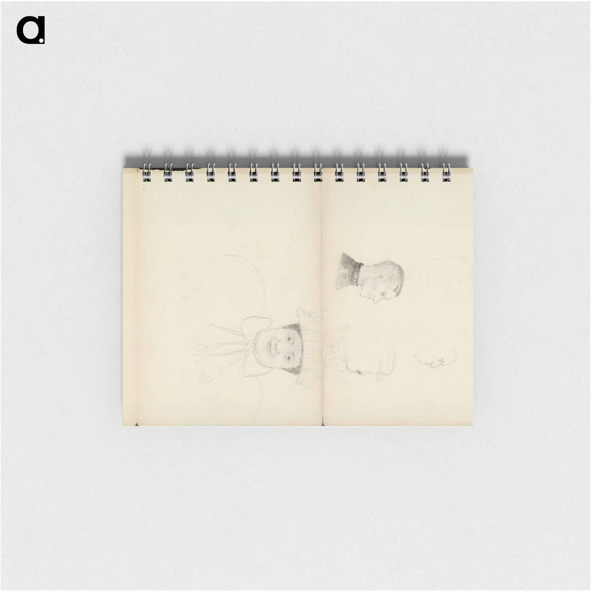 Mannenkoppen en een karikaturale kop van een man met een versierde hoed en strik om de nek by Julie de Graag - ユリー デ フラーハ Memo.