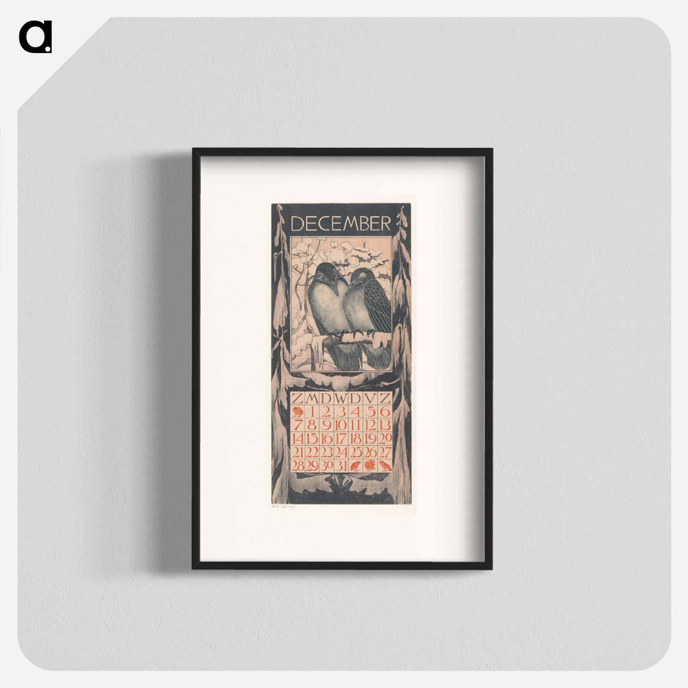 Kalenderblad december met twee vogels - Theo van Hoytema Poster.
