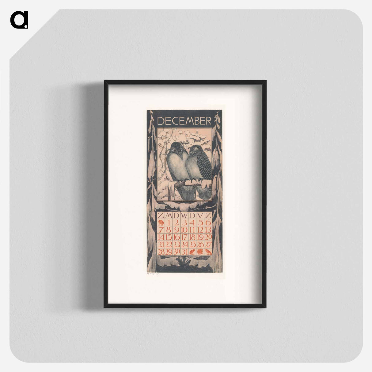 Kalenderblad december met twee vogels - Theo van Hoytema Poster.